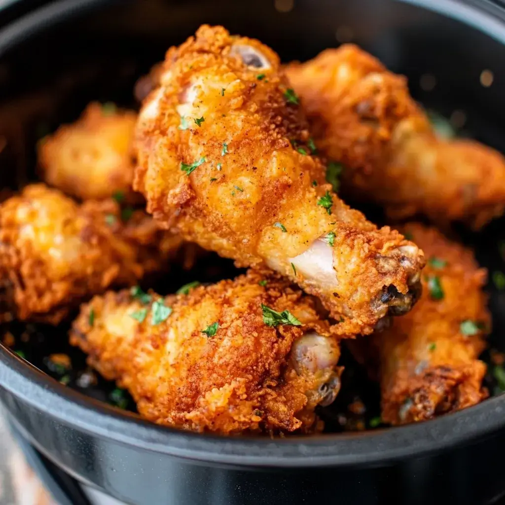Close-up of golden-brown infused fried chicken drumsticks garnished with herbs in a black bowl