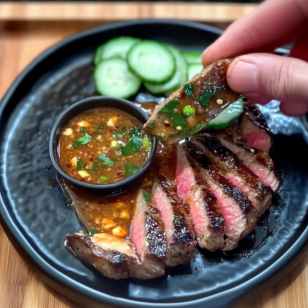 A hand dipping a slice of Crying Tiger Beef into a bold Thai dipping sauce, with cucumber slices on the side