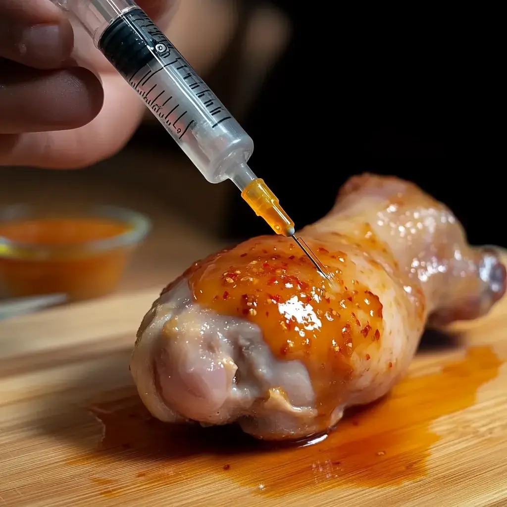 Infused Fried Chicken 8 Hand injecting orange chili marinade into raw chicken drumstick using a clear syringe on a wooden board