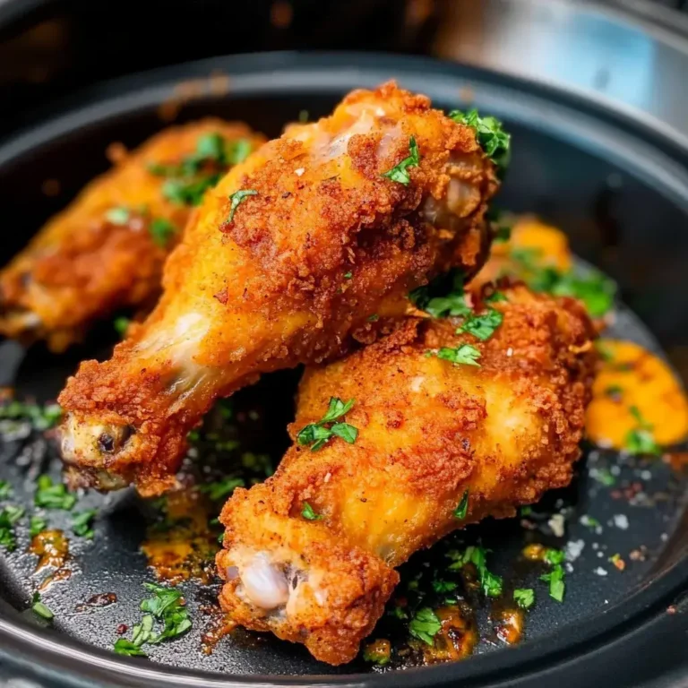 Infused Fried Chicken 7 Fried chicken drumsticks topped with chopped herbs and orange seasoning oil, served in a black dish