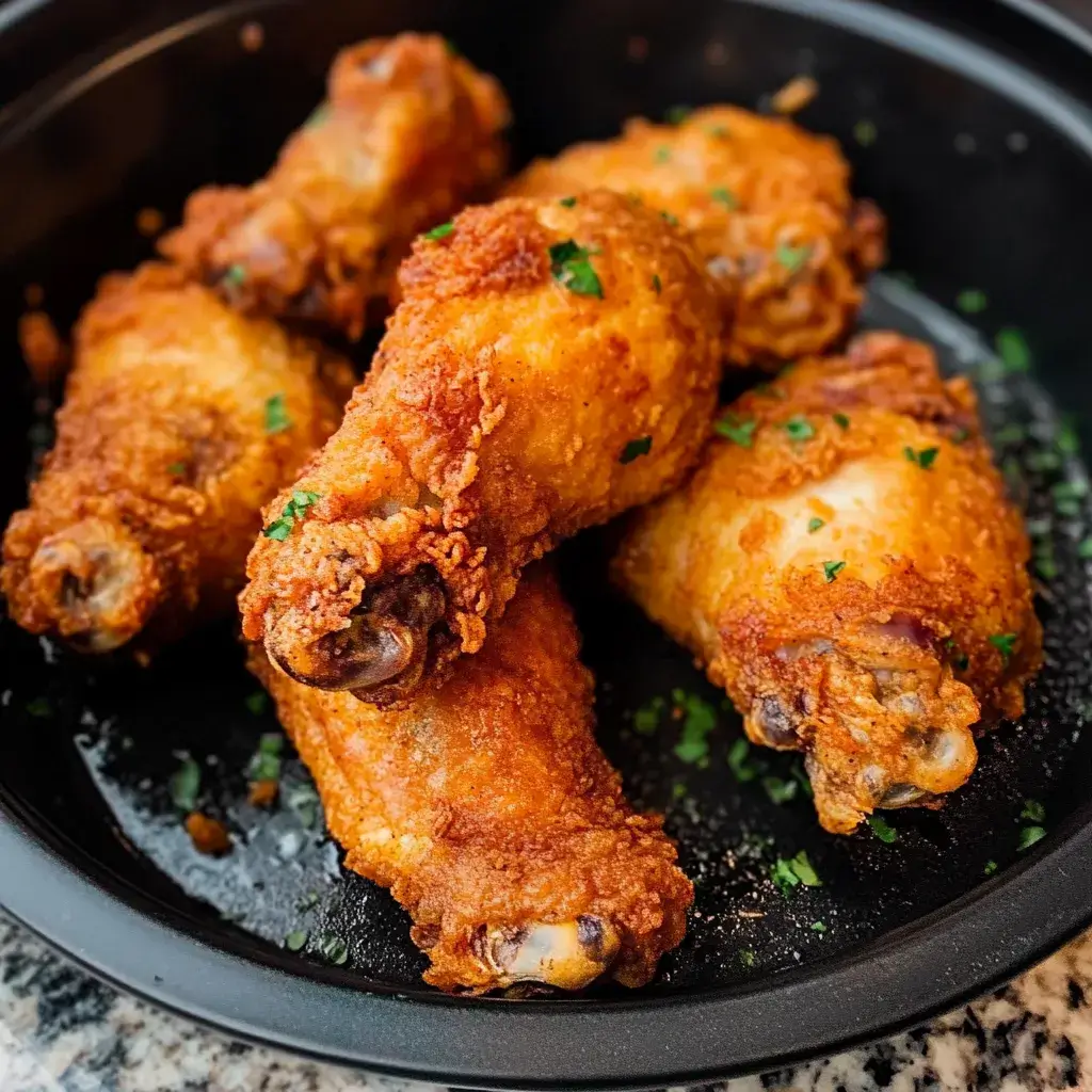 Infused Fried Chicken 9 Fried chicken drumsticks with crispy coating and herb garnish in a round black tray