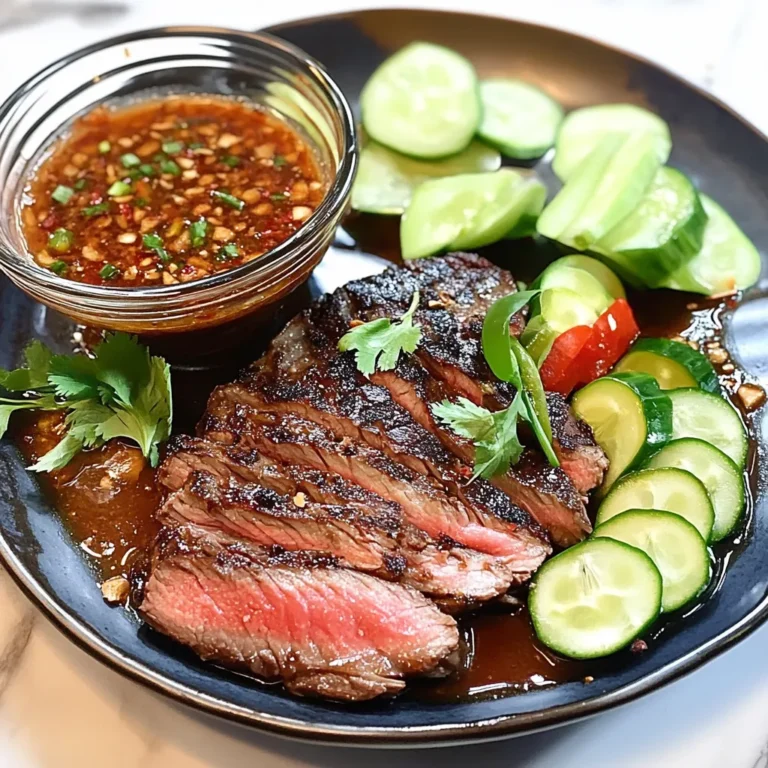 Grilled slices of Crying Tiger Beef served with cucumber slices and a spicy Thai dipping sauce on a black plate