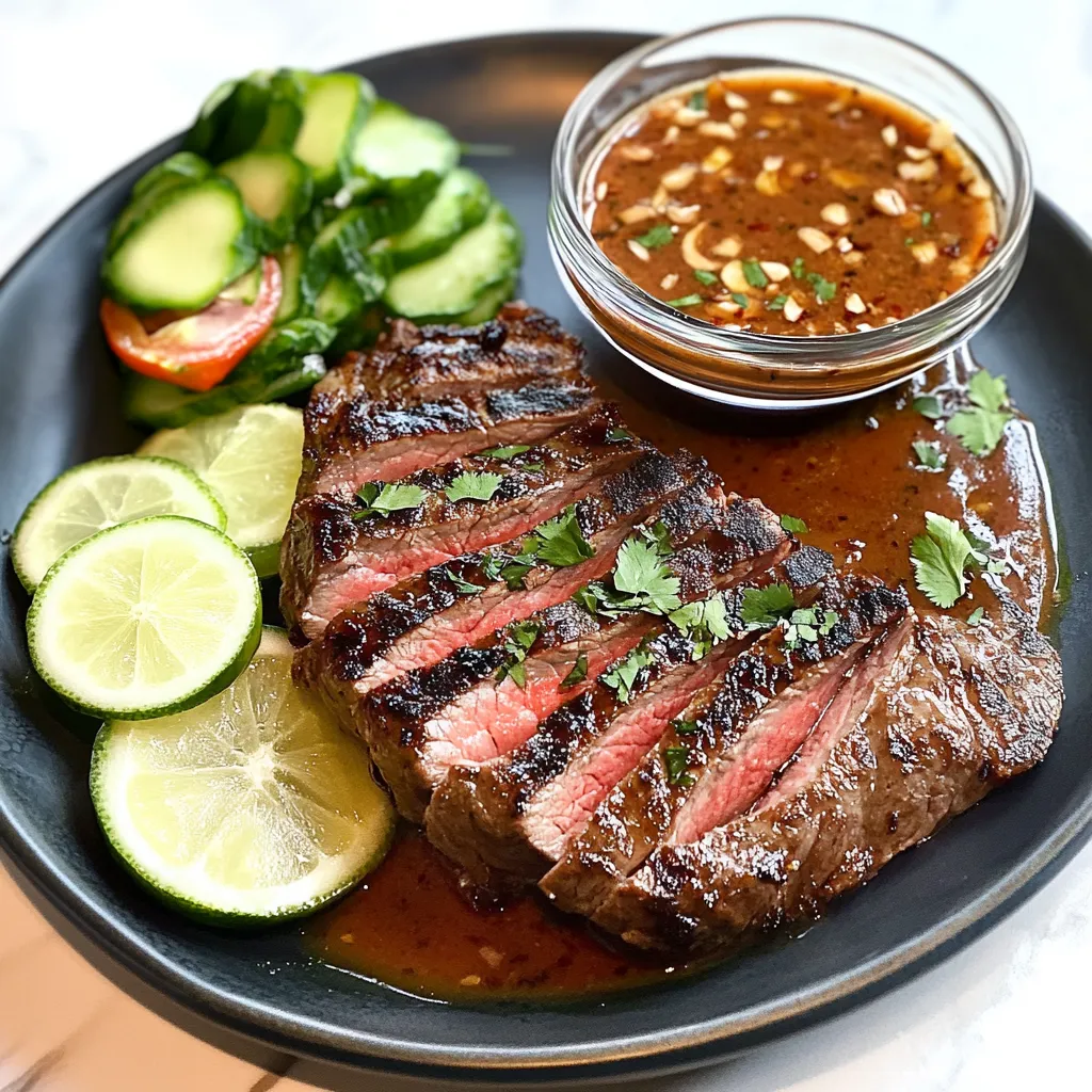 Chargrilled Crying Tiger Beef with lime slices, cucumber salad, and spicy dipping sauce on a dark plate