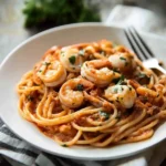 Classic Shrimp Pasta Marinara in White Bowl