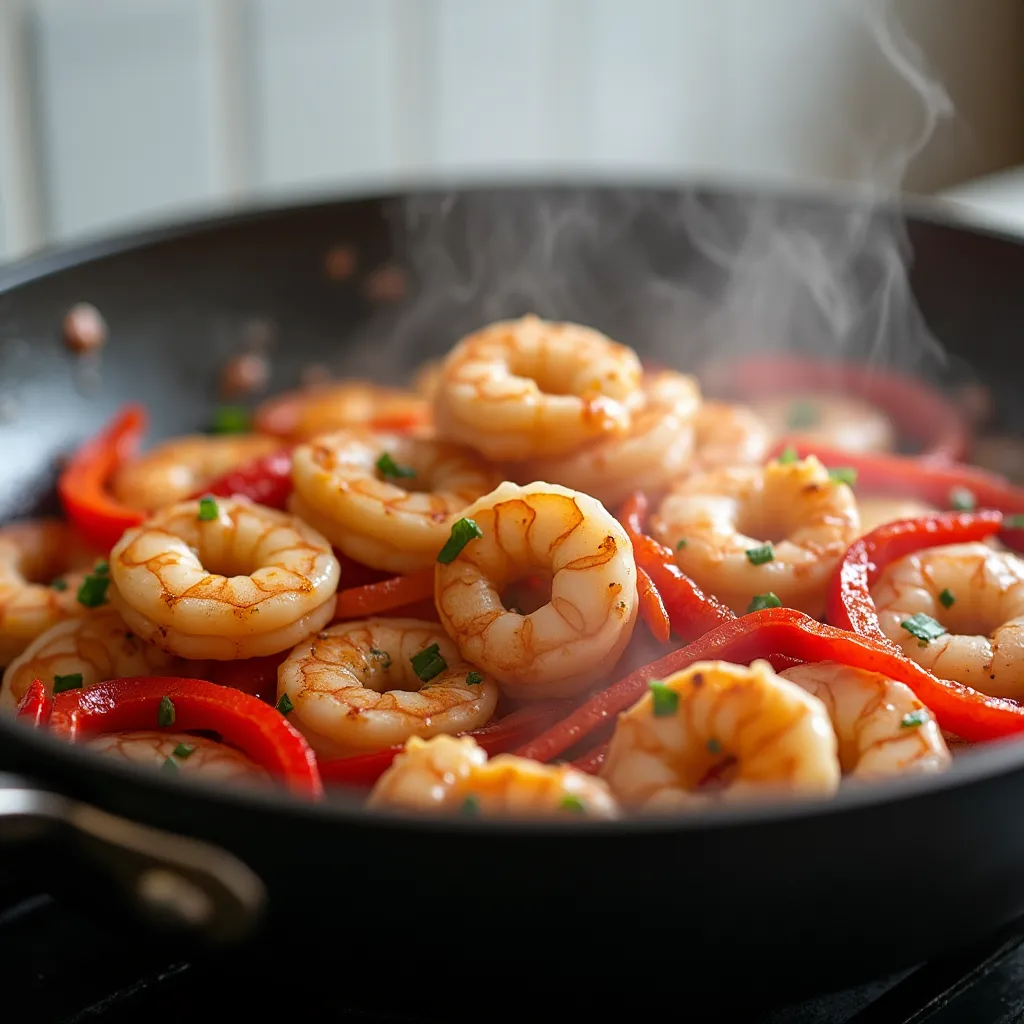 Peppers and Shrimp Recipe 11 Close-up skillet of peppers and shrimp recipe cooked with garlic, onions, and bell peppers in olive oil