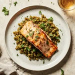 Overhead photo of pan-seared salmon served on green lentils with herbs for a salmon with lentils recipe