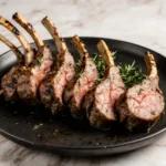 Juicy grilled rack of lamb sliced on a plate with herbs – rack of lamb grill recipe
