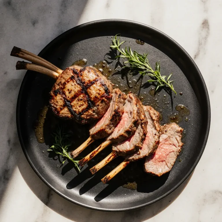 Perfect Rack of Lamb Grill Recipe 7 Overhead view of grilled rack of lamb with herbs and lemon – rack of lamb grill recipe