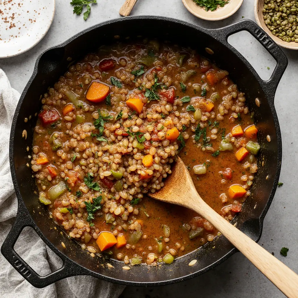 Salmon with Lentils Recipe: A French-Inspired Weeknight Wonder 9 Cooked French lentils with mirepoix in a pan, base preparation for salmon with lentils recipe