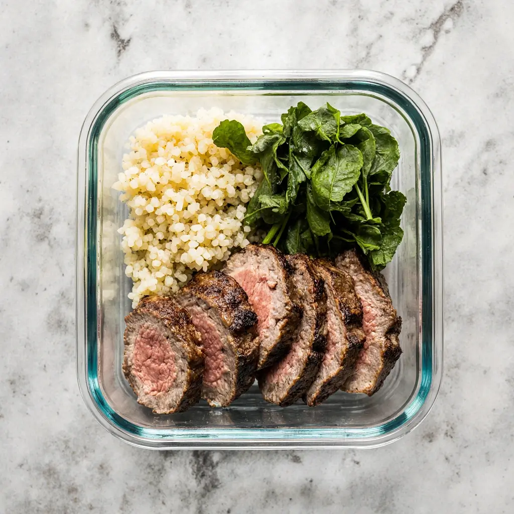 Perfect Rack of Lamb Grill Recipe 9 Meal prep container with leftover lamb chops and couscous, showcasing storage tips for a rack of lamb grill recipe.