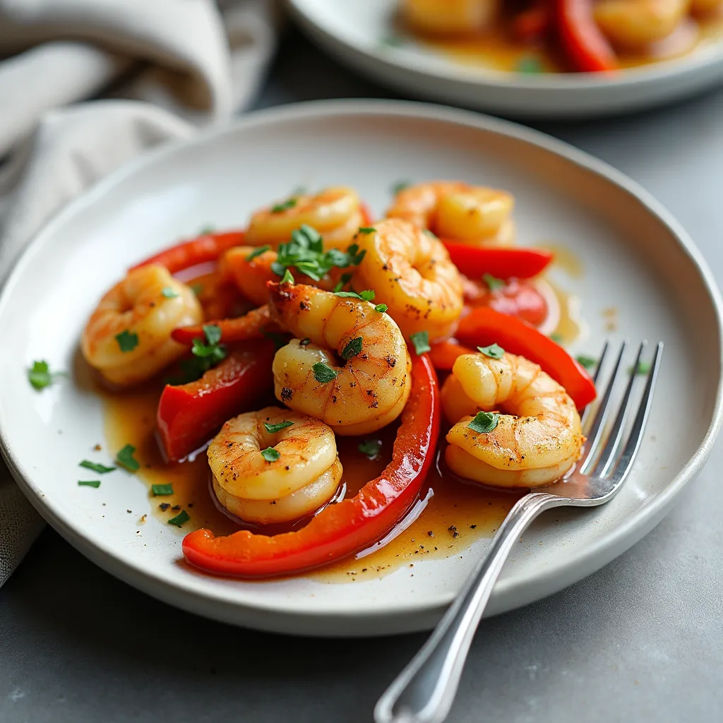 Peppers and Shrimp Recipe 12 Plated peppers and shrimp recipe on a white dish with lemon zest and herbs, ready to serve on a clean gray background