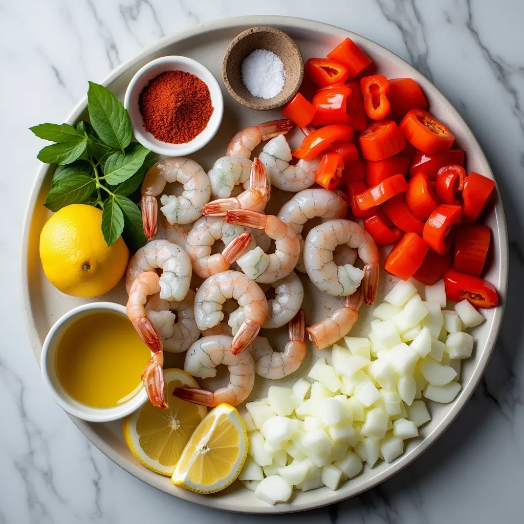Peppers and Shrimp Recipe 10 Raw shrimp, sliced peppers, garlic, onion, and spices arranged for making a peppers and shrimp recipe on a marble surface