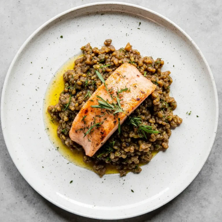 Salmon with Lentils Recipe: A French-Inspired Weeknight Wonder 7 Plated salmon with crispy skin and French green lentils, styled for a salmon with lentils recipe