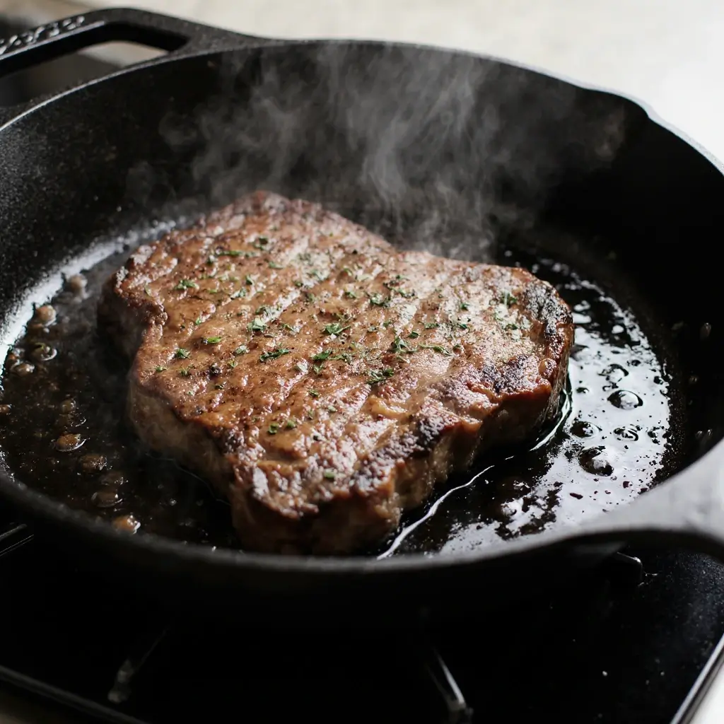 Beef Delmonico Steak Recipes 7 Beef Delmonico steak searing in cast iron with caramelized crust forming