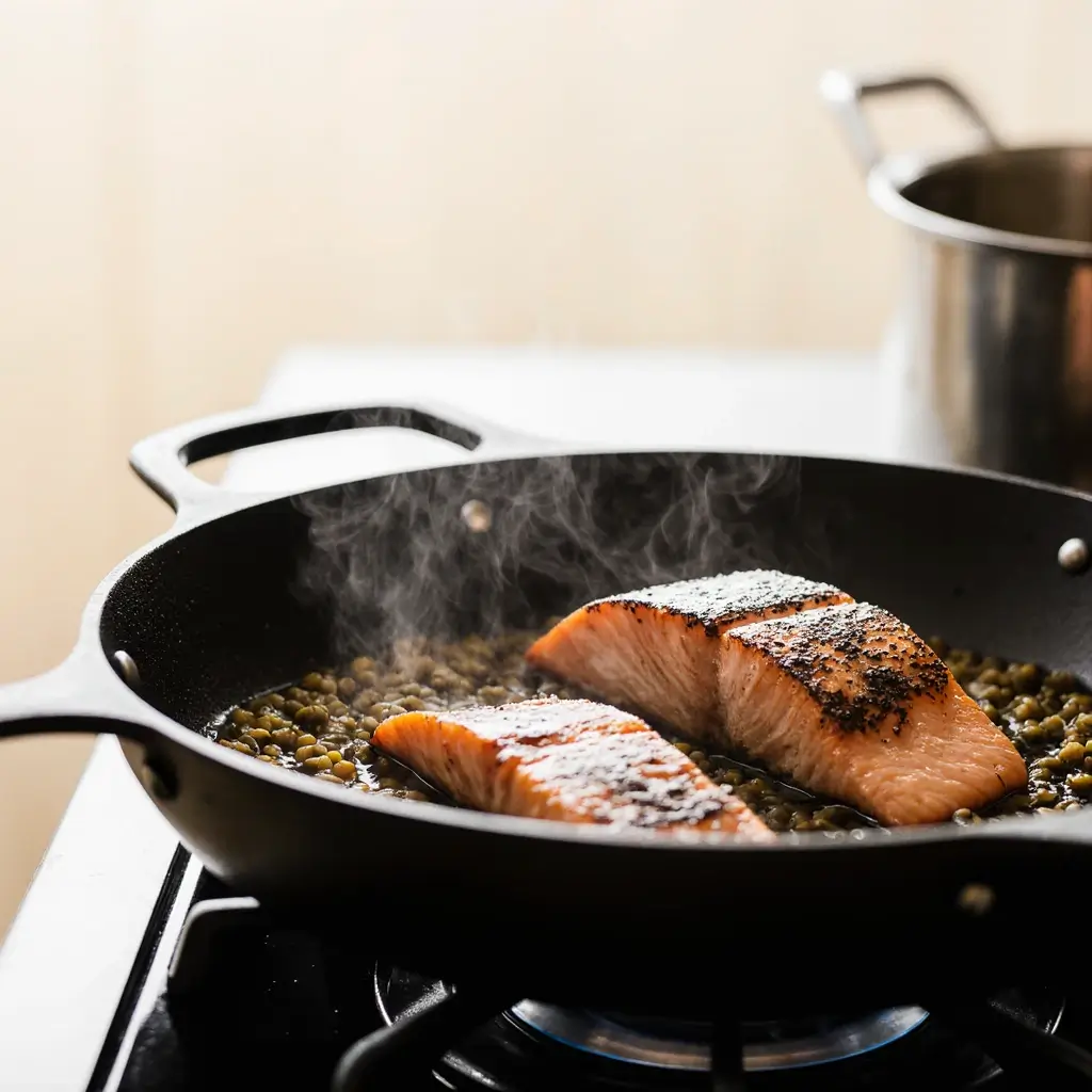 Salmon with Lentils Recipe: A French-Inspired Weeknight Wonder 8 Crispy salmon skin searing in skillet with background lentils, step from salmon with lentils recipe