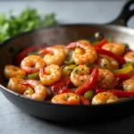 Shrimp and peppers cooking in a pan with garlic and oil during preparation of a peppers and shrimp recipe
