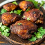 Smoke chicken thighs recipe featuring crispy skin and dry rub seasoning, served on a wooden board with herbs