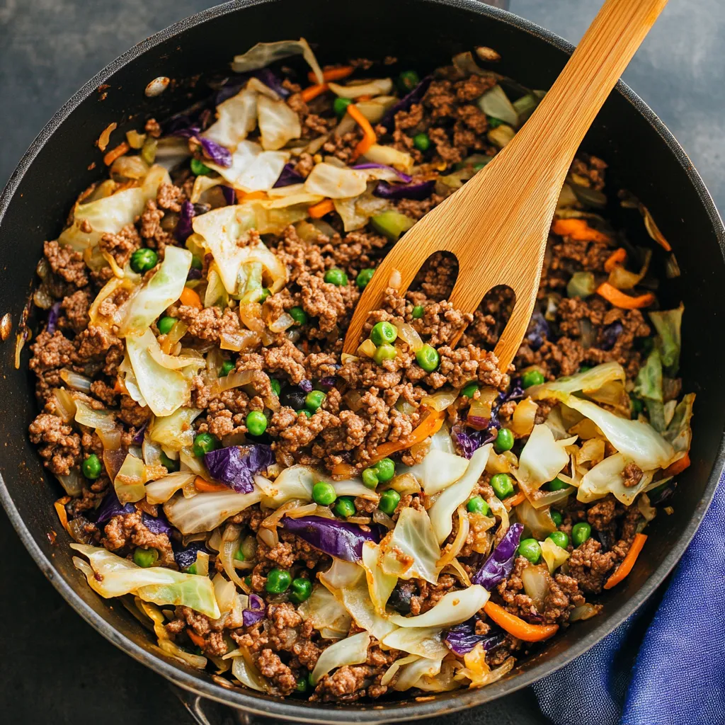 Beef mince stir-fried with cabbage, green peas, carrots, and onions in a black skillet with wooden spoon