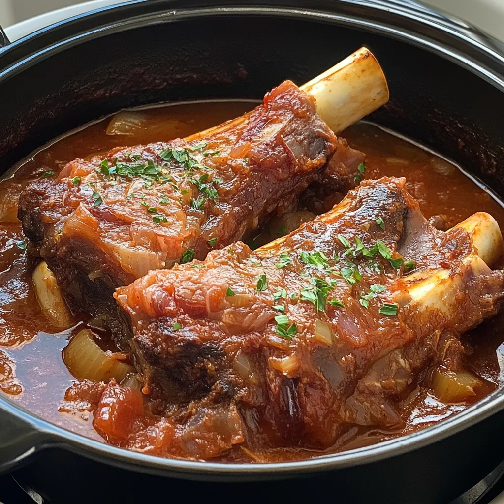 Slow-cooked lamb shank meat recipe with rich tomato and onion sauce in a black pot