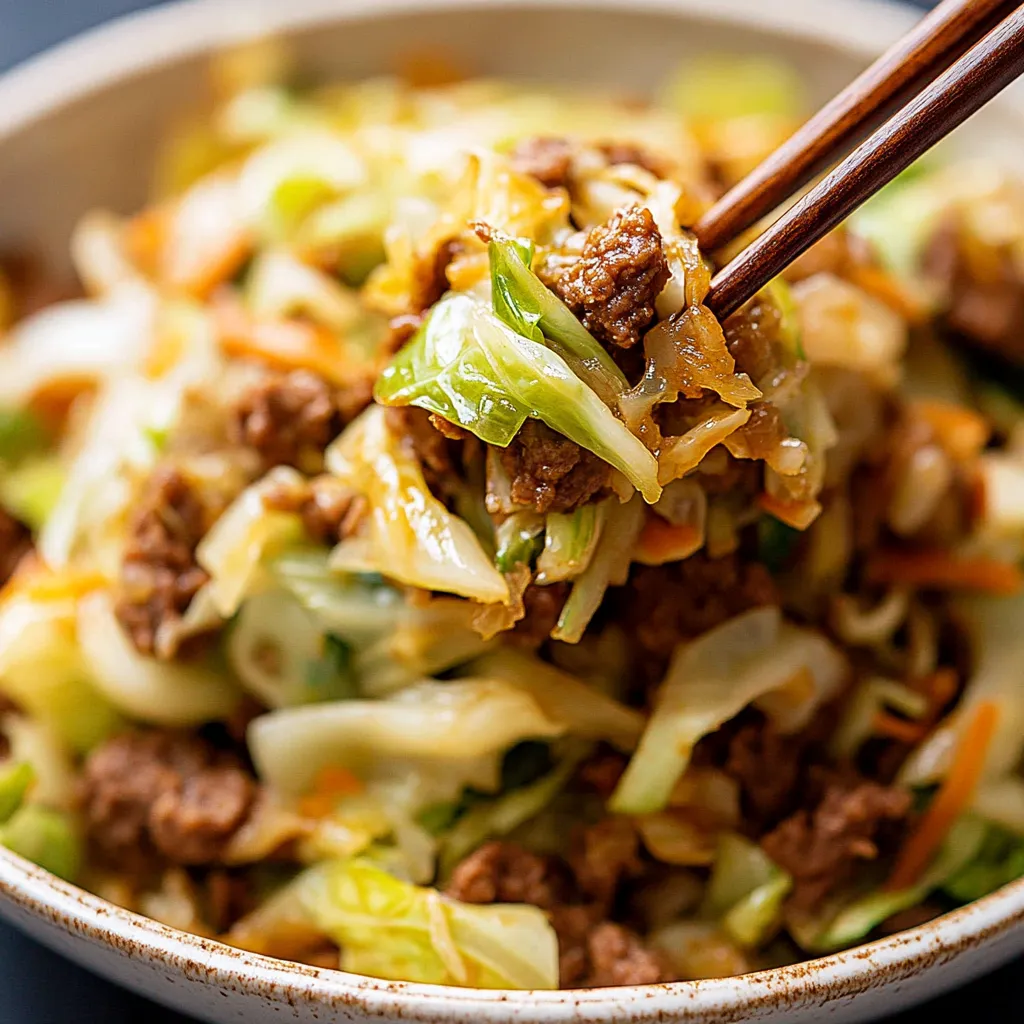 Close-up of beef and cabbage stir-fry being lifted by chopsticks from a ceramic bowl