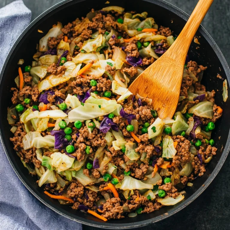 Cooked ground beef mixed with green and purple cabbage, peas, and shredded carrots in a large pan