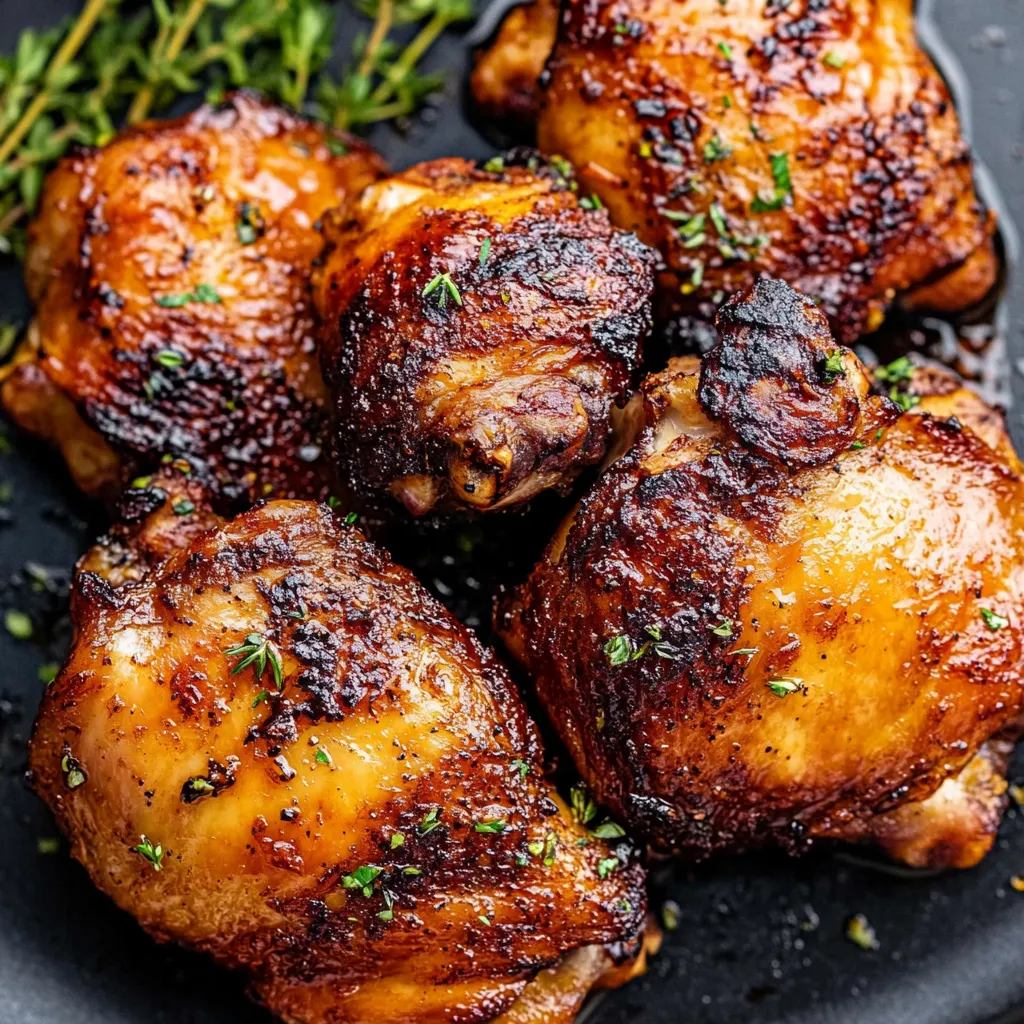 Smoke Chicken Thighs Recipe 9 Finished smoke chicken thighs recipe with glossy glaze and thyme on a black plate, showing crisp skin and caramelized edges