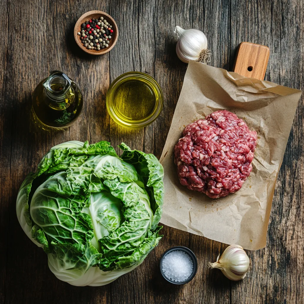 Raw ingredients for beef mince and cabbage recipe including beef mince, cabbage, garlic, and olive oil