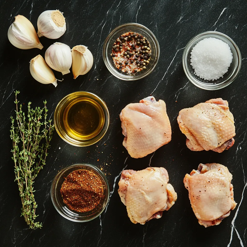 Smoke Chicken Thighs Recipe 8 Ingredients for smoke chicken thighs recipe on a black marble surface, including raw thighs, garlic, herbs, oil, and spices