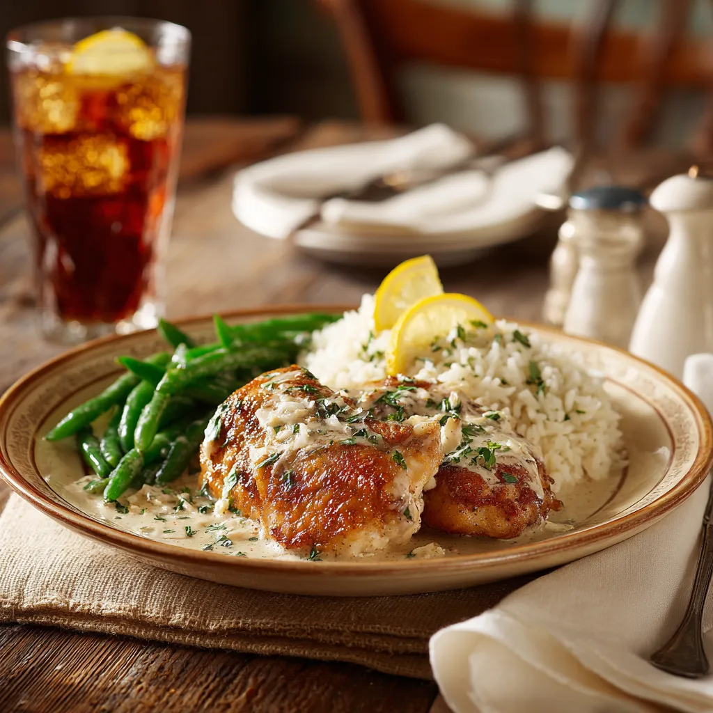Chicken almondine served with green beans and lemon rice in a cozy dinner setting
