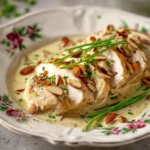 Overhead view of chicken almondine topped with toasted almonds and scallions on a white ceramic plate