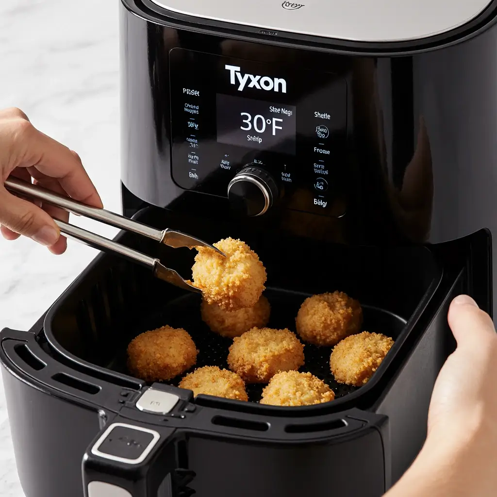 Side view of Tyson air fryer chicken nuggets in a bowl with sauce being poured