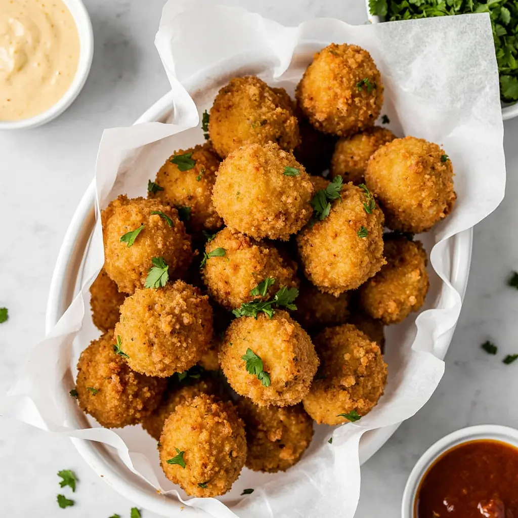Overhead shot of crispy Tyson air fryer chicken nuggets with sauces on a white parchment-lined plate