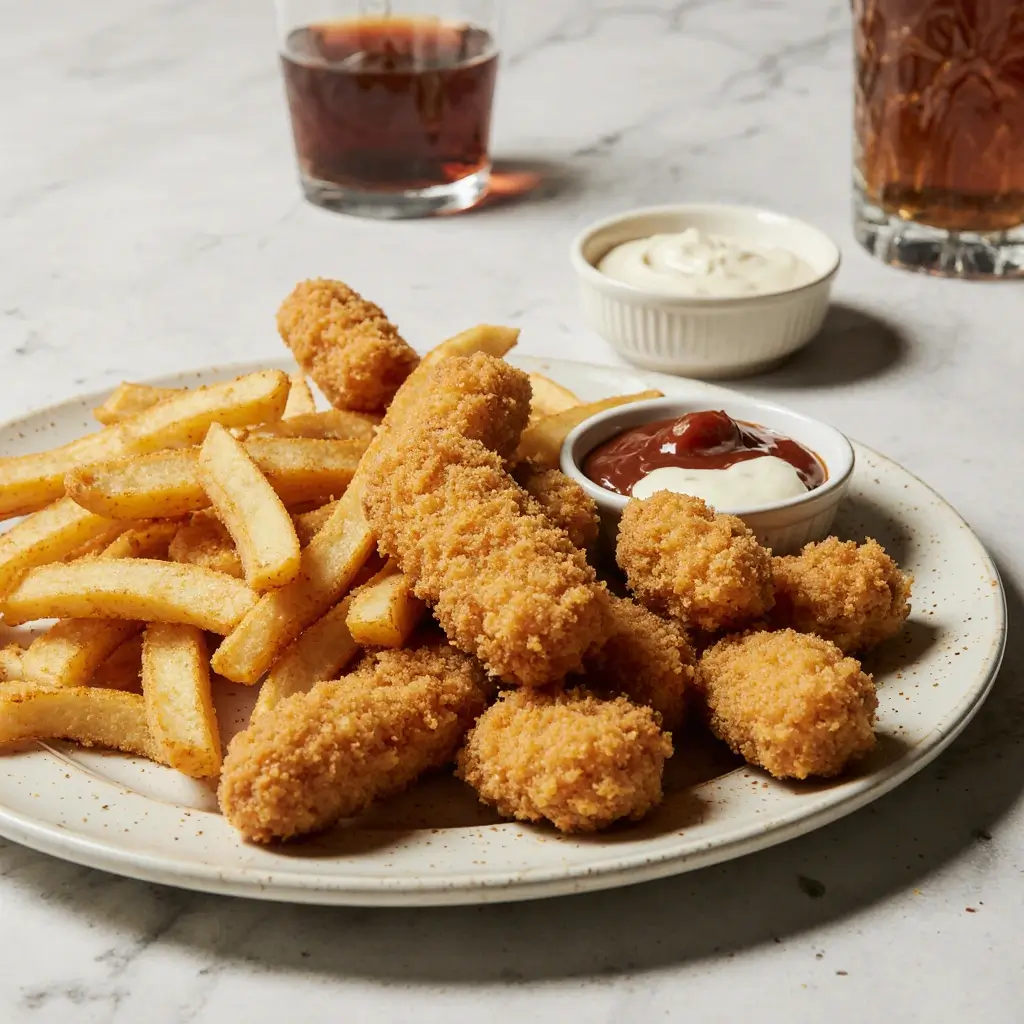 Tyson air fryer chicken nuggets on a plate with waffle fries and dipping sauces