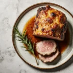 Sliced belly of lamb recipe on ceramic plate with crispy top and herbs