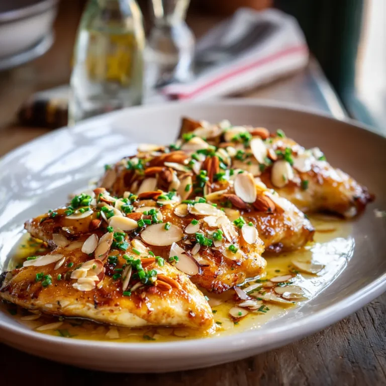 Side view of juicy chicken almondine with toasted almonds and lemon butter sauce