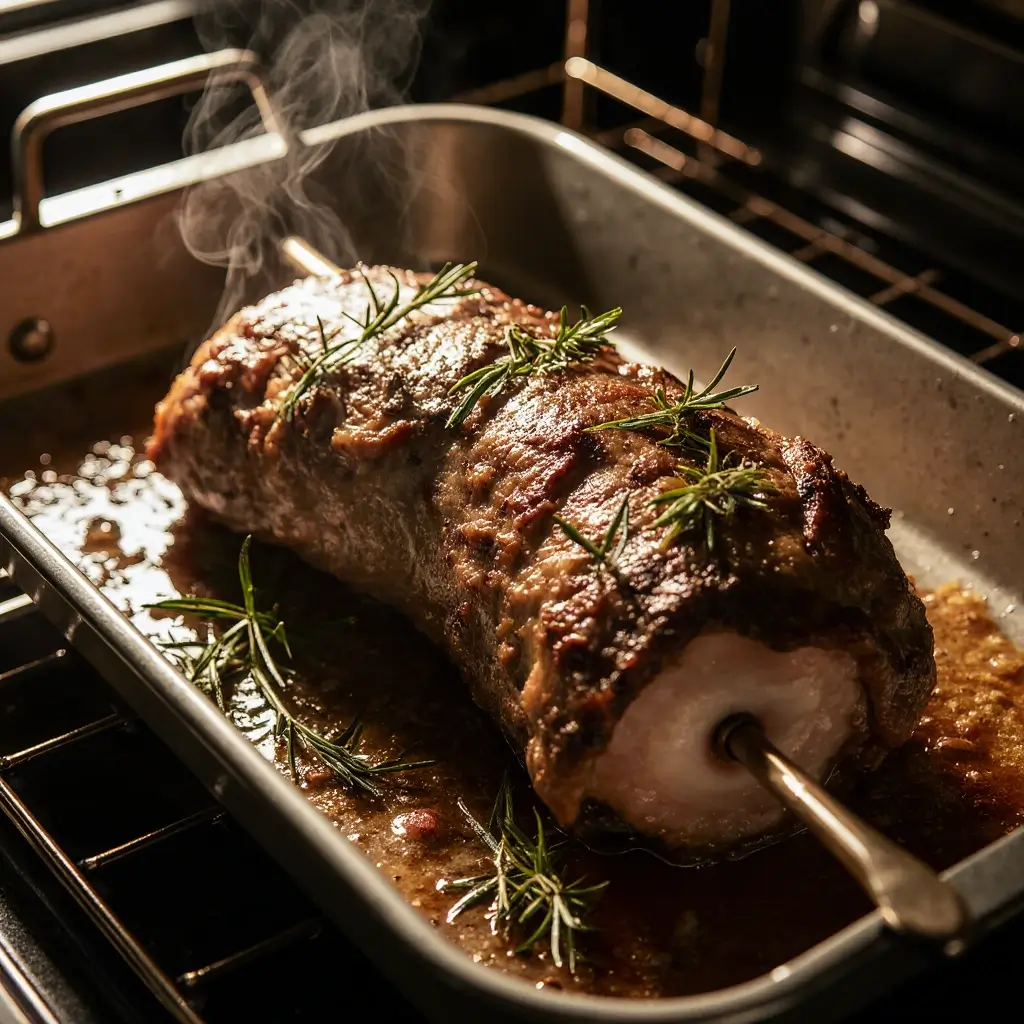 Belly of lamb roasting in oven tray with bubbling fat and herbs