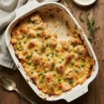 Overhead view of golden-brown chicken casserole with vegetables in a rustic baking dish on a wooden table