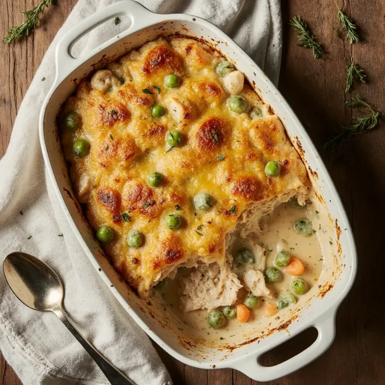 Overhead view of golden-brown chicken casserole with vegetables in a rustic baking dish on a wooden table