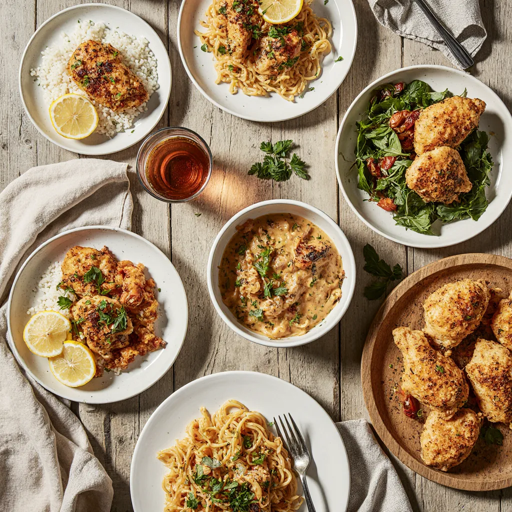 Overhead view of four plated quick chicken dinners including stir-fry, pasta, grilled chicken, and tenders on a rustic dinner table