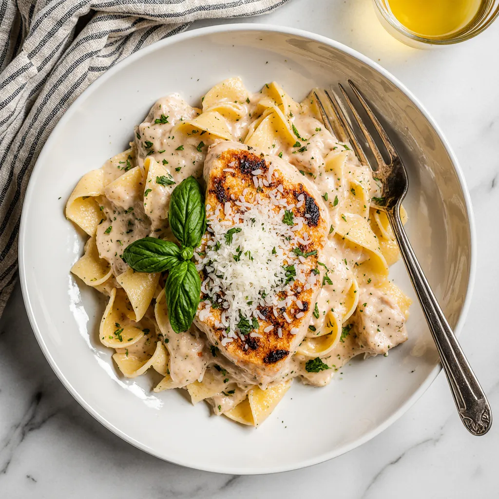 Overhead view of creamy chicken pasta in a white bowl with Parmesan, parsley, and basil on a marble surface